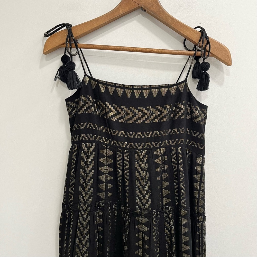 Saylor Joanie Tiered Maxi Dress Fringe Tassel Ties Black Metallic Details M - Picture 5 of 15